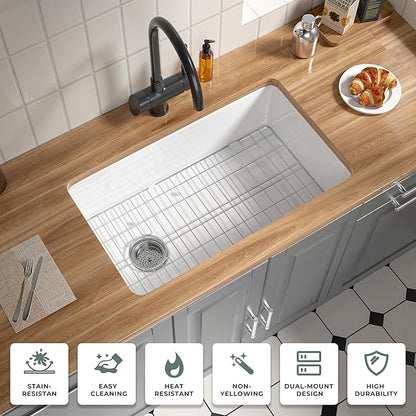 Offset Drain White Fireclay Undermount Kitchen Sink 32 Inch, Large Topmount White Undermount Sink 32''x19''x10'' Drop In, Deep Single Bowl Heavy Duty, Dual Mount, for Kitchen, Island