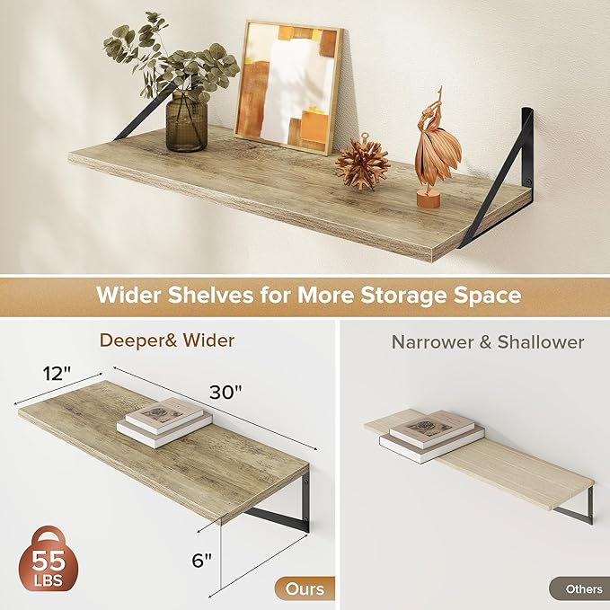 Acovy Deep Floating Shelves Wall Mounted, 30"x12" Gray Wall Shelves with Brackets Set of 2 for Bedroom, Living Room, Bathroom, Kitchen, Office - Storage & Display Shelf for Decor, Books, Plants