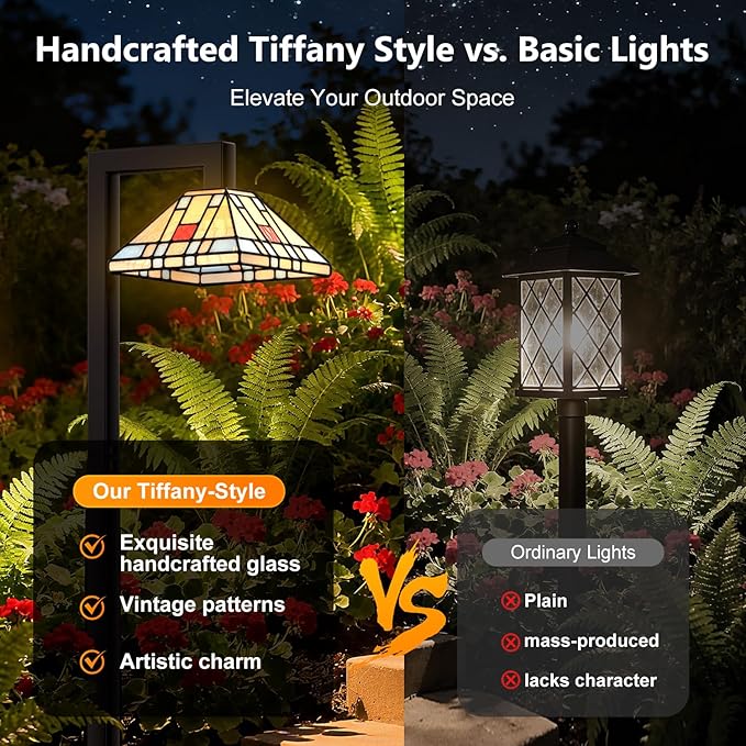 Low Voltage Landscape Lighting, 3W LED Pathway Lights with Handmade Tiffany Glass, 12V Waterproof Outdoor Lights for Garden, Yard, Walkway (2 Pack)