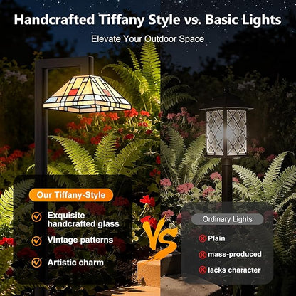 Low Voltage Landscape Lighting, 3W LED Pathway Lights with Handmade Tiffany Glass, 12V Waterproof Outdoor Lights for Garden, Yard, Walkway (2 Pack)