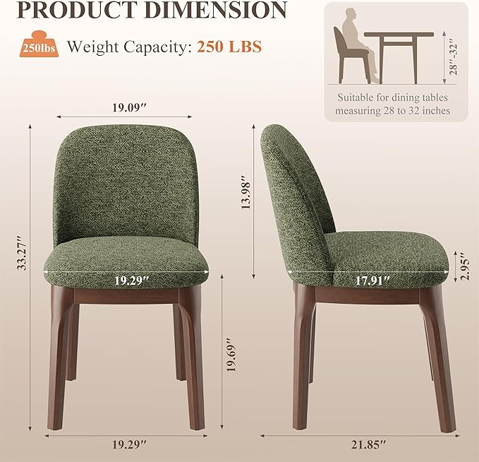 MALOL Wooden Dining Chairs Set of 2, Upholstered Kitchen & Dining Room Chairs with Thickened Wooden Legs, Farmhouse Side Chairs, Green