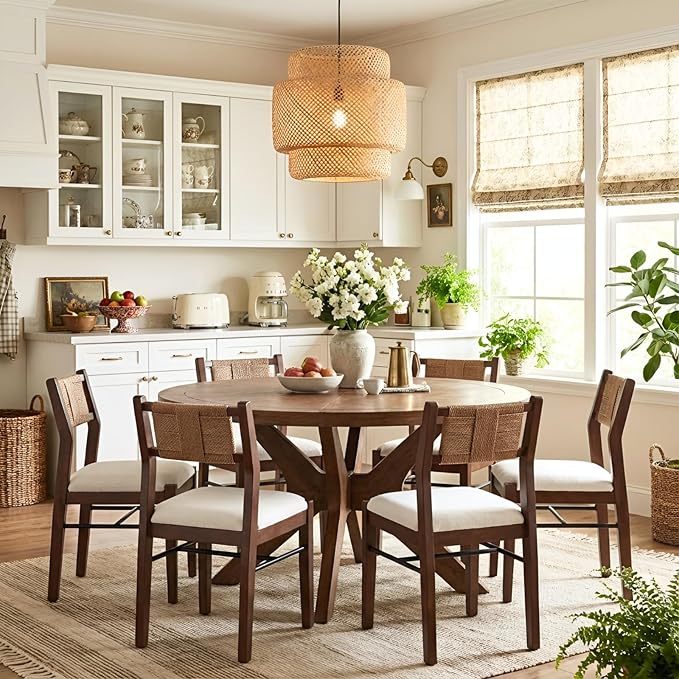 RIVOVA Farmhouse Woven Dining Chairs Set of 6 with Weave Paper Rope Back, White Chenille Upholstered Kitchen & Dining Room Chairs with Walnut Wood Legs, Mid-Century Armless Kitchen Side Chair