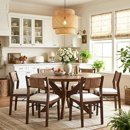 RIVOVA Farmhouse Woven Dining Chairs Set of 6 with Weave Paper Rope Back, White Chenille Upholstered Kitchen & Dining Room Chairs with Walnut Wood Legs, Mid-Century Armless Kitchen Side Chair