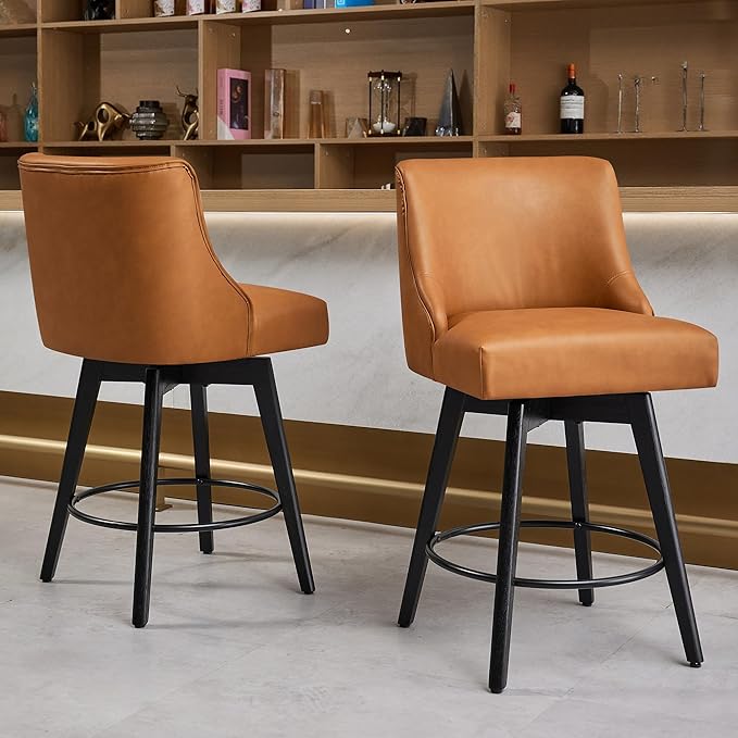Counter Height Bar Stools Set of 6, Swivel Barstools with Backs and Wood Legs, Faux Leather Upholstered Counter Stools for Kitchend Island, Mid-Century Modern 26" Seat Height Bar Chairs, Brown
