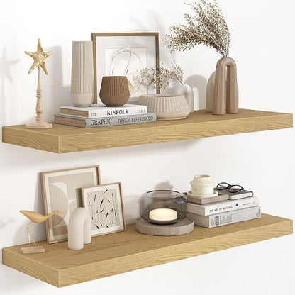 36"W x 9.3"D Floating Shelves for Wall, Wall Mounted Bathroom Shelves 2 Pack Deep Floating Shelf for Bedroom Kitchen Living Room, Rustic Wooden Wall Shelf with Invisible Bracket for Books Decor