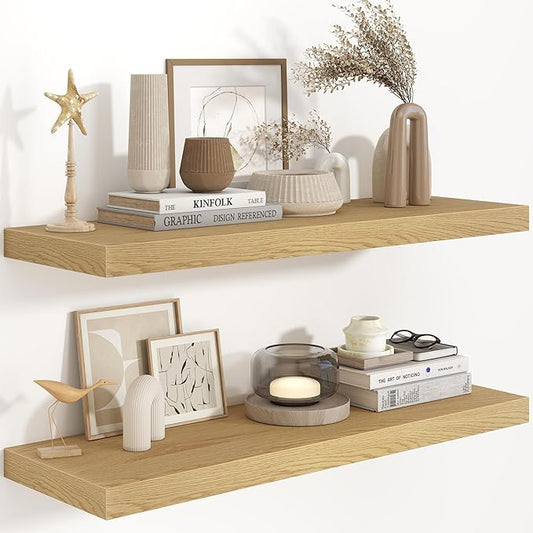 36"W x 9.3"D Floating Shelves for Wall, Wall Mounted Bathroom Shelves 2 Pack Deep Floating Shelf for Bedroom Kitchen Living Room, Rustic Wooden Wall Shelf with Invisible Bracket for Books Decor