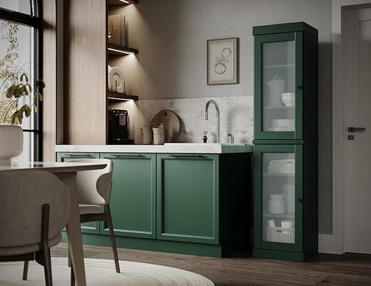 Palace Imports Solid Wood Kitchen Pantry Cabinet w/Frosted Glass Doors - Narrow Storage Cabinet - 16.5" Wide x 71.5" Tall - Green, Adjustable Shelves, 100% Eco-Friendly Wood, Modular Cabinets