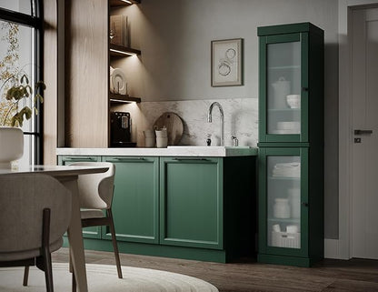 Palace Imports Solid Wood Kitchen Pantry Cabinet w/Frosted Glass Doors - Narrow Storage Cabinet - 16.5" Wide x 71.5" Tall - Green, Adjustable Shelves, 100% Eco-Friendly Wood, Modular Cabinets
