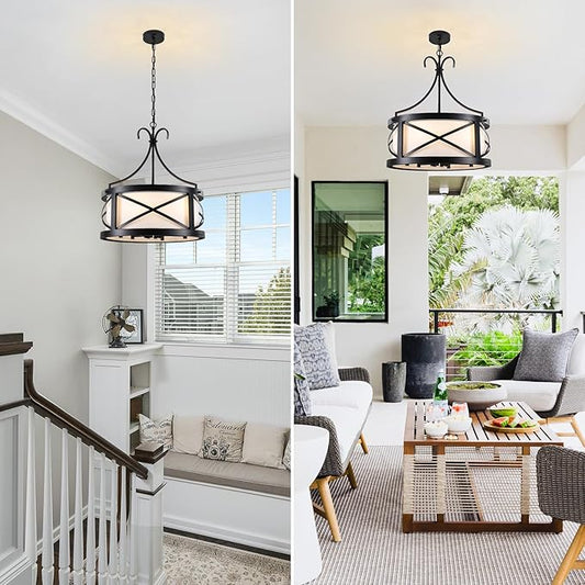 Drum Chandelier Round Farmhouse Chandeliers 6-Light Modern Chandelier Light Fixture Entryway 19.7" Industria Light Fixture Hanging for Dining Room Living Room Kitchen