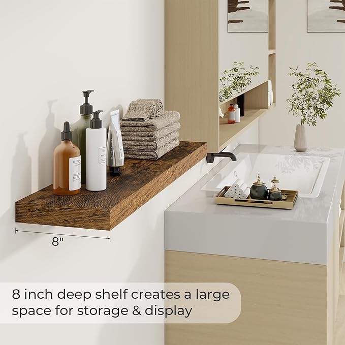 Dreamland 36 Inches Floating Shelves for Wall,8 Inch Deep Floating Shelves Set of 2, Large Display & Storage Shelf, Wall Shelf for Bathroom Bedroom Living Room Kitchen Office,Rustic Brown