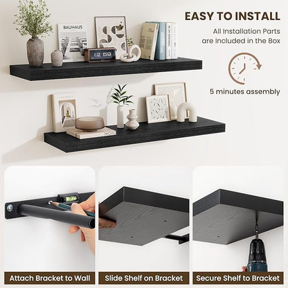 Fun Memories Floating Shelves for Wall 10 Inch, 10 Inch Deep Square Wall Shelves, Bathroom Storage Shelves Over Toilet, Wood Floating Shelves for Living Room Bedroom, Black, Set of 2