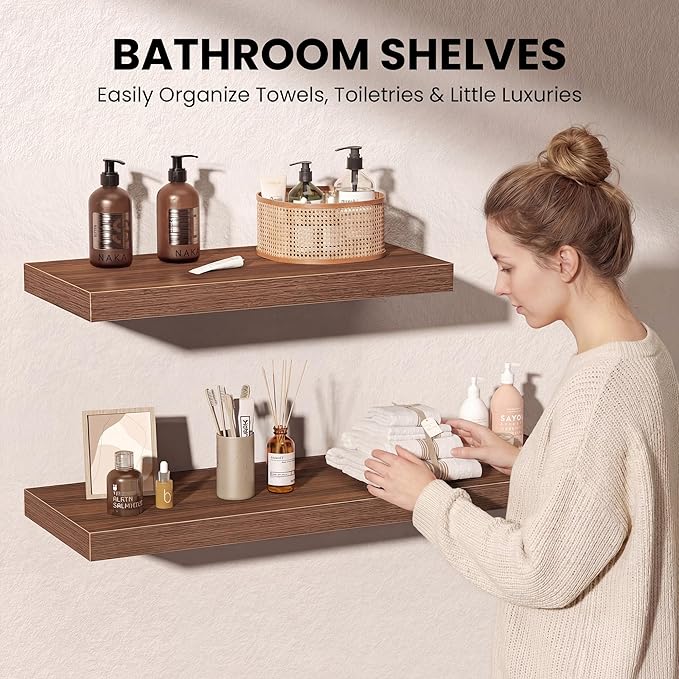 Fun Memories Floating Shelves - 2 Pack 30 Inch Long Rustic Wooden Wall Shelves - 12 Inch Deep Wall Mounted Storage Shelf with Invisible Heavy-Duty Brackets for Books, Bathroom, Kitchen, Walnut