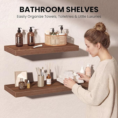 Fun Memories Floating Shelves - 2 Pack 30 Inch Long Rustic Wooden Wall Shelves - 12 Inch Deep Wall Mounted Storage Shelf with Invisible Heavy-Duty Brackets for Books, Bathroom, Kitchen, Walnut