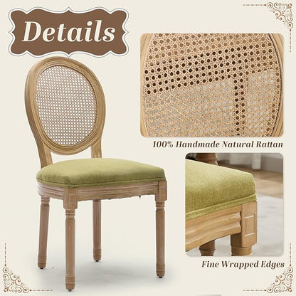 SoarFlash French Dining Chairs Set of 2, Vantage Dining Chair with Round Back, Wood Leg Farmhouse Country Rattan Dining Chair for Kitchen,Bedroom,Olive Green