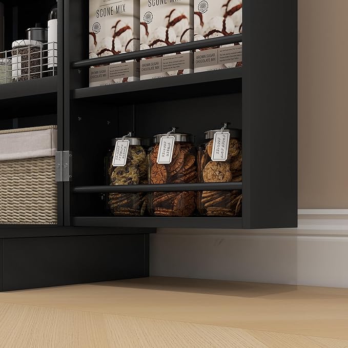 41" Modern Kitchen Pantry, Freestanding Storage Cabinet with 12 Door Shelves, Double Doors, 5-Tier Shelving and Adjustable Shelves, Black, Easy to Maintain, for Dining Room