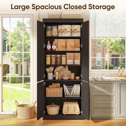 70.8" Tall Farmhouse Kitchen Pantry Cabinet with Glass Doors, Modular Storage Cabinet with 6-Tier Adjustable Shelves, Large Storage Cabinet for Kitchen or Living Room, Set of 2, Black