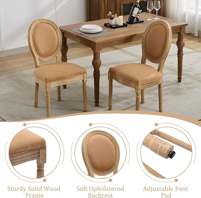 Linen Wooden Dining Chair Set of 4, Upholstered Farmhouse Dining Chair with Solid Wood Frame, Kitchen & Dining Room Chairs for Living Room, Restaurant, Bedroom (Tan-Padded, Set of 4)