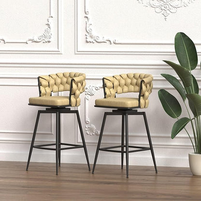 28" Technical Leather Woven Bar Stool Set of 2,Black Legs Barstools No Adjustable Kitchen Island Chairs,360 Swivel Bar Stools,for Living Room