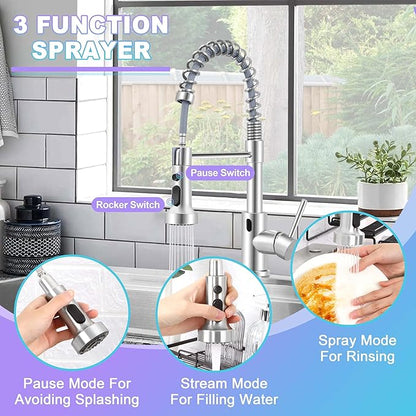 Herogo Touchless Kitchen Faucets with Soap Dispenser, Motion Sensor Activated Commercial Stainless Steel Sink Faucets with Pull Down Sprayer for Vanity RV, Brushed Nickel