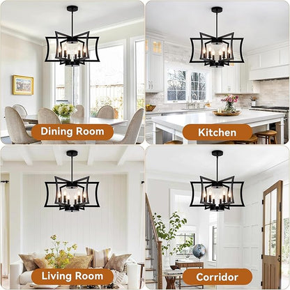 SIBRILLE 22.84" Black Metal Pendant Light, 6-Light Dining Room Light Fixture Modern Industrial Geometric Chandelier Lighting, Suitable for Villa Foyer, Kitchen Islands, and Farmhouse Living Rooms