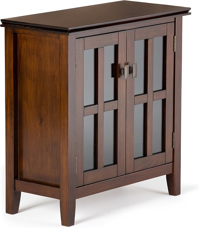 SIMPLIHOME Artisan Storage Cabinet - 30 inch Wide Solid Wood Low Storage Cabinet in Russet Brown, Contemporary Accent Cabinet for Living Room or Dining Room with Glass Doors and Adjustable Shelves