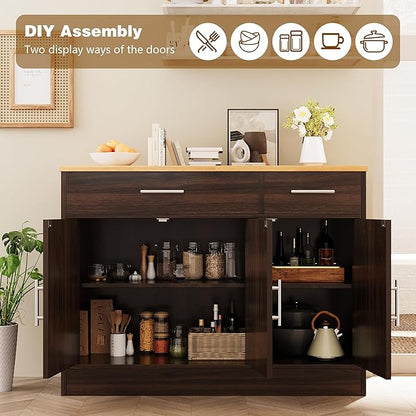 Vongrasig Sideboard Buffet Cabinet with Storage, 43” Farmhouse Coffee Bar Storage Cabinet with Drawers and Shelves, Modern Buffet Table for Kitchen, Dining Room, Rustic Brown