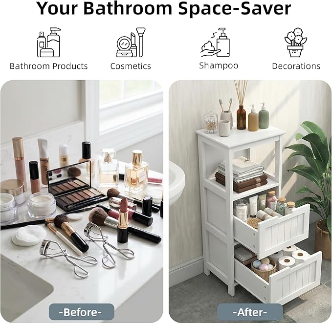 Casaphoria 2-Drawer Bathroom Floor Cabinet, Wooden Storage Organizer with Side Rack, Freestanding Stand Table for Bathroom, Hallway, White