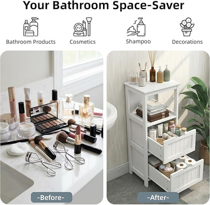 Casaphoria 2-Drawer Bathroom Floor Cabinet, Wooden Storage Organizer with Side Rack, Freestanding Stand Table for Bathroom, Hallway, White