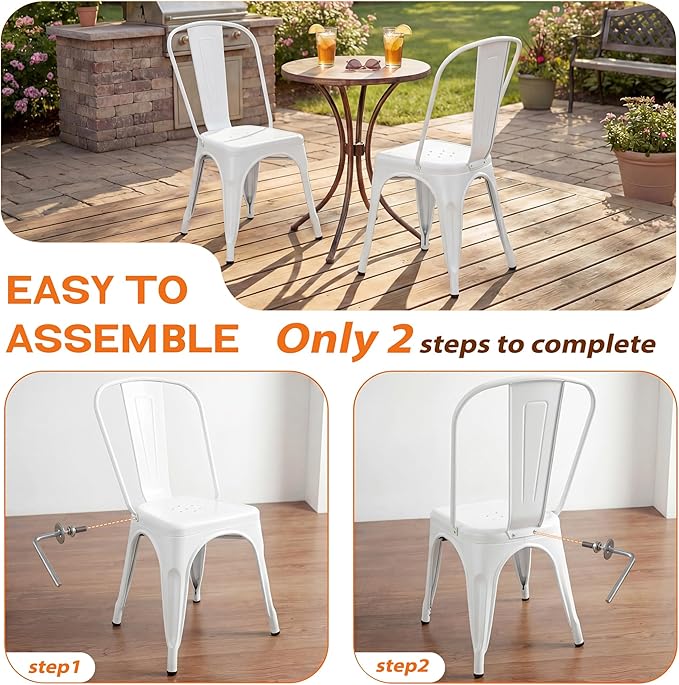 Shahoo Metal Dining Chairs Classic Iron Stackable Industrial Vintage Trattoria with Back, Indoor-Outdoor Side Settee for Home Bistro Cafe Kitchen Restaurant Set of 4, White