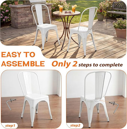 Shahoo Metal Dining Chairs Classic Iron Stackable Industrial Vintage Trattoria with Back, Indoor-Outdoor Side Settee for Home Bistro Cafe Kitchen Restaurant Set of 4, White