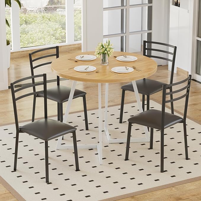 VECELO Round Dining Table Set for 4, Wood Tabletop & Heavy-Duty Steel Frame, 8-Piece Dinette with Chairs for Kitchen, Breakfast Nook, Natural & White