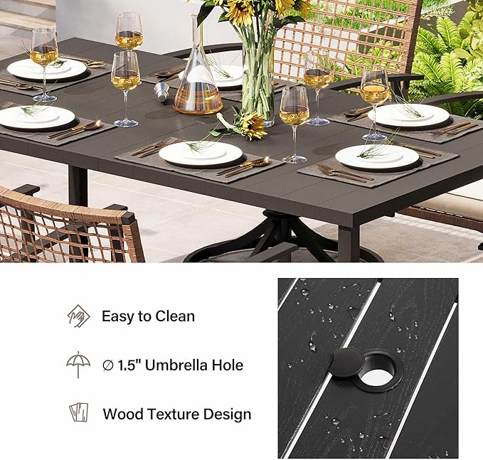 LAUSAINT HOME 7 Pieces Patio Dining Set, Outdoor Furniture Set of 6 Swivel Chairs with Soft Cushion and Iron Slats Table Top with Umbrella Hole, Conversation Set for Backyard