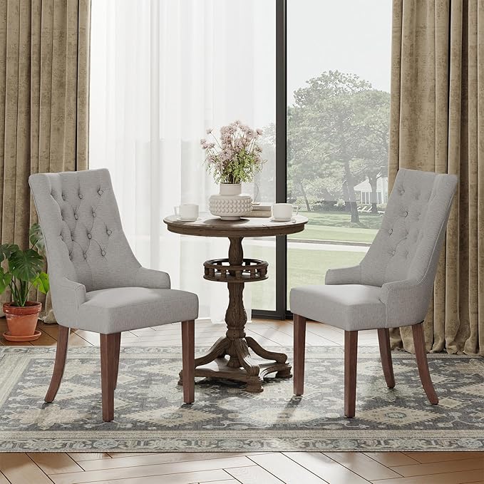 COLAMY Wingback Upholstered Dining Chairs Set of 2, Fabric Side Dining Room Chairs with Tufted Button, Living Room Chairs for Home Kitchen- Light Grey