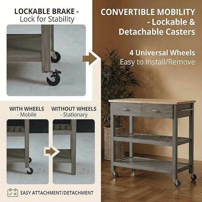 Casaphoria Amanda Collection Solid Wood Kitchen Island, 42" Butcher Block Cart with Rubberwood Top & Locable Wheels, Prep Table for Small Spaces (Weathered Gray)