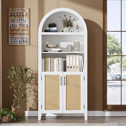 IDEALHOUSE Arched Kitchen Pantry Cabinet with Doors - 5-Tier Open Display Shelf with Rattan Decor, Farmhouse Storage Cabinet for Kitchen, Dining Room, Living Room, White