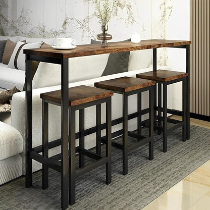 Merax 4-Piece Counter Height Extra Long Dining Table Set with 3 Stools and Side Table with Footrest Pub Kitchen Set (Brown)