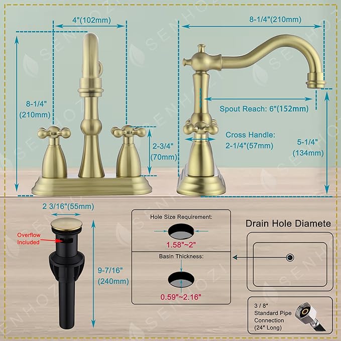Antique Bathroom Faucet Brushed Gold, Senhozi Cross Handles Centerset Bathroom Faucet for Sink 3 Hole with Overflow Pop Up Drain Assembly and Supply Hose, SUS304 RV Bathroom Faucet 3 Hole, SE-0038-BG