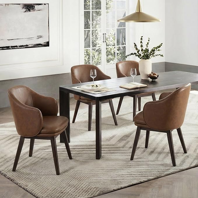 KISLOT Wooden Dining Chairs Set of 2, Faux Leather Upholstered Modern Dining Room Chairs with Barrel Backrest & Double-Layer Thick Cushion for Living Room, Restaurant, Kitchen and Café, Brown