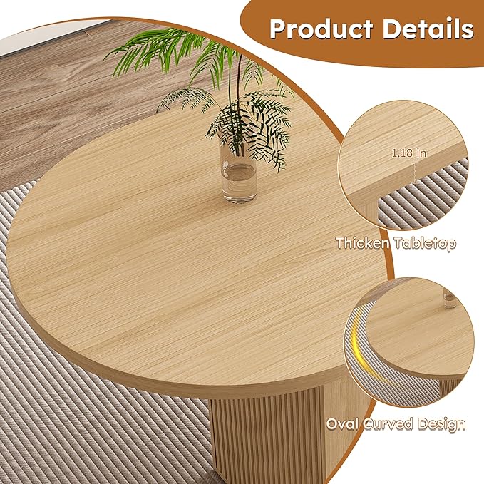63" Water-Resistant Island Table, Rustic Dining Table with Wood Strip Base, Mid Century Dining Table with Spacious Oval Design for Home, Burly Wood