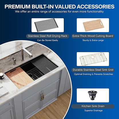 33 Black Granite Composite Kitchen Sink, Hugsleek Undermount Granite Sink Quartz 33x19 inch Workstation Ledge Under Counter Mount Single Bowl Sinks Basin With Black & Gold Sinks Accessories