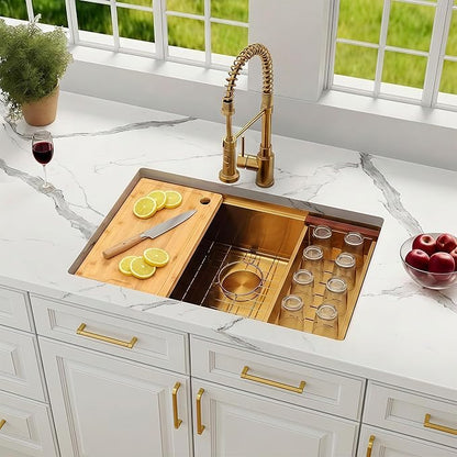 30 Inch Undermount Gold Kitchen Sink,16 Gauge Stainless Steel Kitchen Sink Single Bowl, 30"x19"x9" Ledge Workstation Sinks With All Accessories, Multi-Functional Workstation Sinks