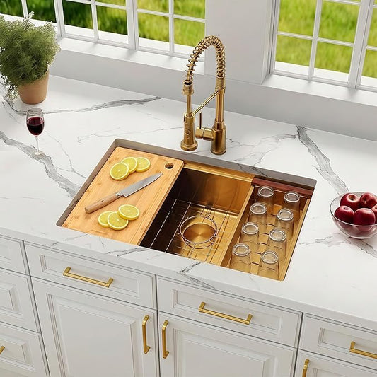 30 Inch Undermount Gold Kitchen Sink,16 Gauge Stainless Steel Kitchen Sink Single Bowl, 30"x19"x9" Ledge Workstation Sinks With All Accessories, Multi-Functional Workstation Sinks