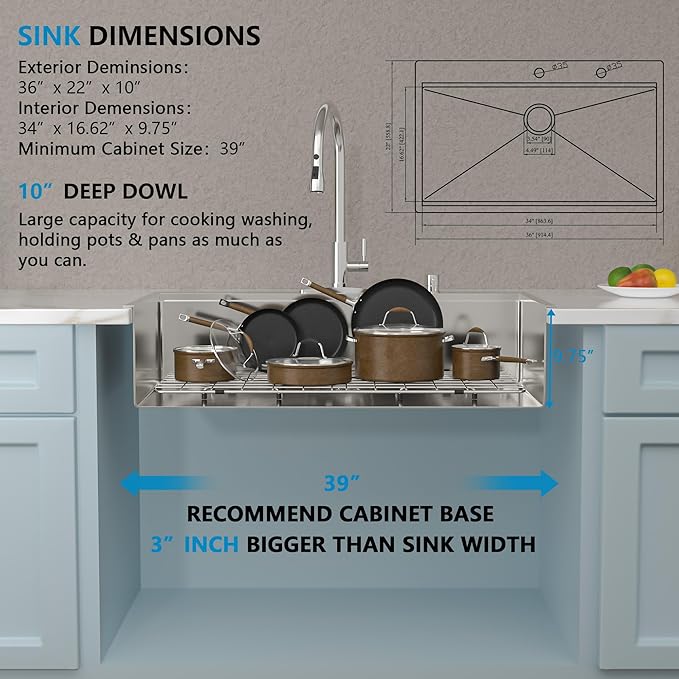 36 Kitchen Sink Drop In - Fulorni 36"x22" Kitchen Sink Drop In Topmount Ledge Workstation 16 Gauge 304 Stainless Steel Over Mount Large Single Bowl Basin