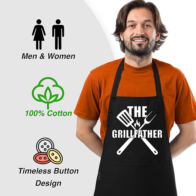 TOSHEX Funny Apron Waterdrop Resistant 100% Cotton Aprons for Women with Pockets Chef (1, Black - THE GRILLFATHER)