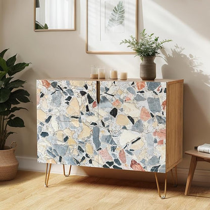SIGNWIN Sideboard Buffet Cabinet, Kitchen Storage Cabinet with 2 Doors, Colorful Fractal Granite Pattern, Cupboard Console Table for Dining Room - 35" L x 18" W x 29" H