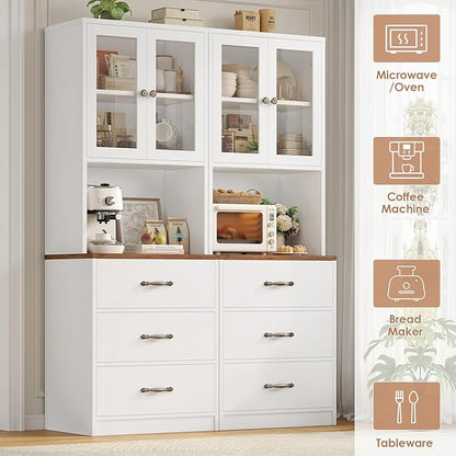 Keyluv 71“ Tall Kitchen Pantry Storage Cabinet with Microwave Stand, Buffet Kitchen Hutch with Shelves and Drawers, Wood Coffee Bar Pantry Cabinet with Glass Doors, for Dining Room/Small Space, White