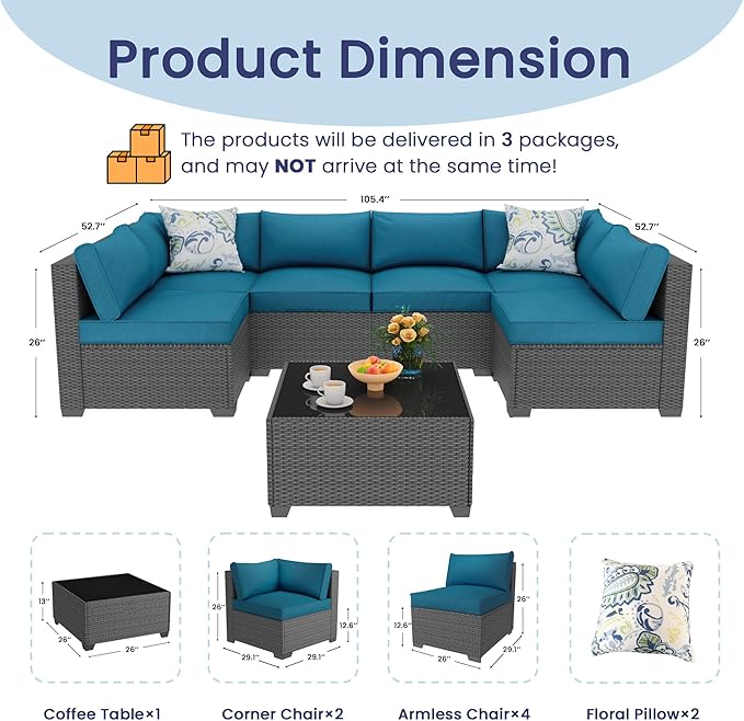 8 Piece Outdoor Patio Furniture Set, Outdoor Sectional Furniture, Rattan & Wicker Modern Modular Conversation Set Sofa Couch W/Water Resistant Washable Thick Cushions and Coffee Table, Peacockblue