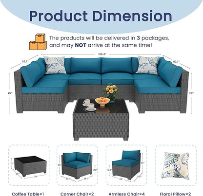 8 Piece Outdoor Patio Furniture Set, Outdoor Sectional Furniture, Rattan & Wicker Modern Modular Conversation Set Sofa Couch W/Water Resistant Washable Thick Cushions and Coffee Table, Peacockblue