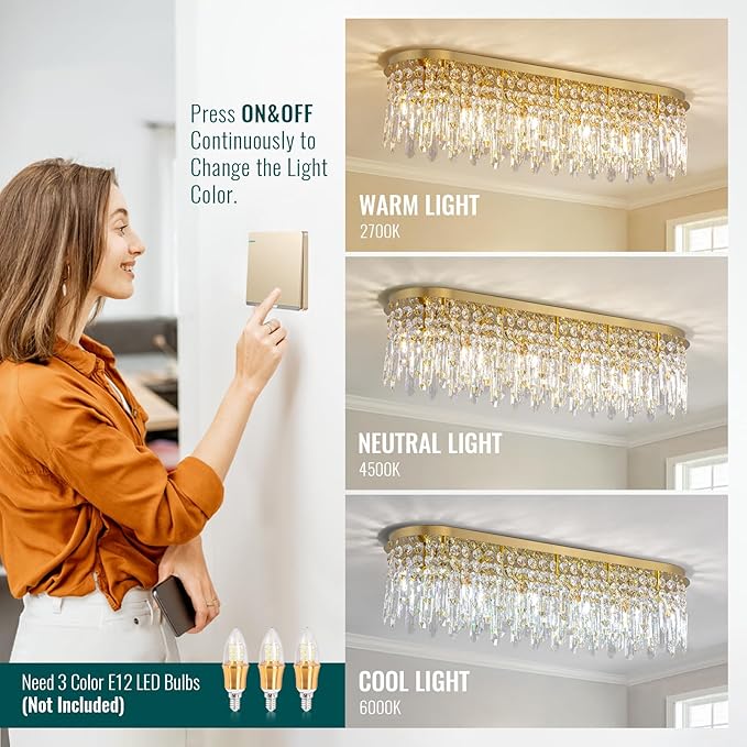 Siljoy Modern Crystal Chandelier 10 Lights Gold Rectangular Flush Mount Raindrop Crystal Chandelier Ceiling Light Fixture Oval for Dining Room Living Room Kitchen Island L40 Inch