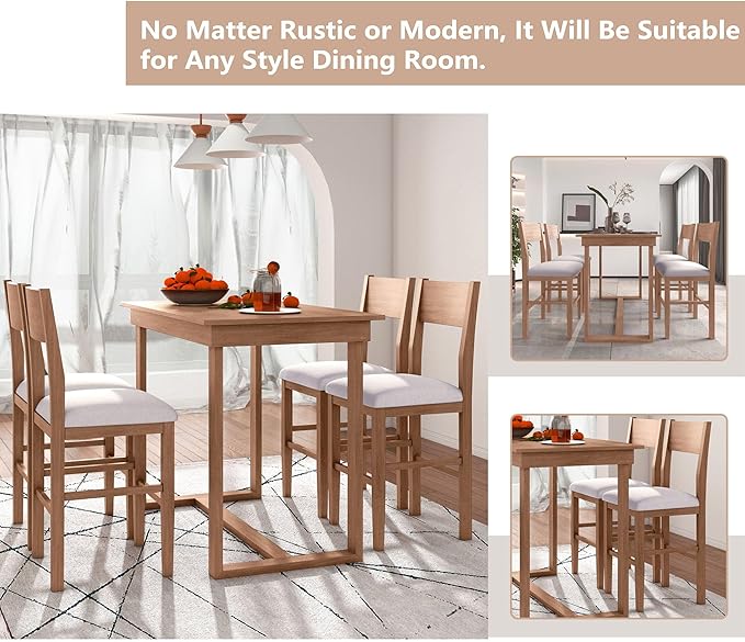 VilroCaz Farmhouse Counter Height Dining Table Set for 4, Wooden 5-Piece Kitchen Pub Bar Table Set, 47'' Rectangular Dining Table and 4 Upholstered Counter Height Chairs for Small Places (Brown-H)